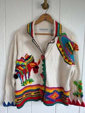Vintage 1991 Michael Simon Southwest Donkey Beaded Embroidered Cardigan